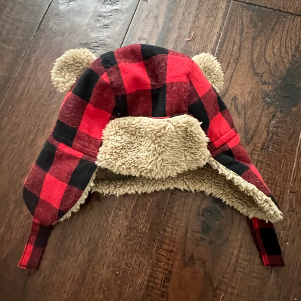 Red and Black Plaid Fleece Hat with Ear Flaps